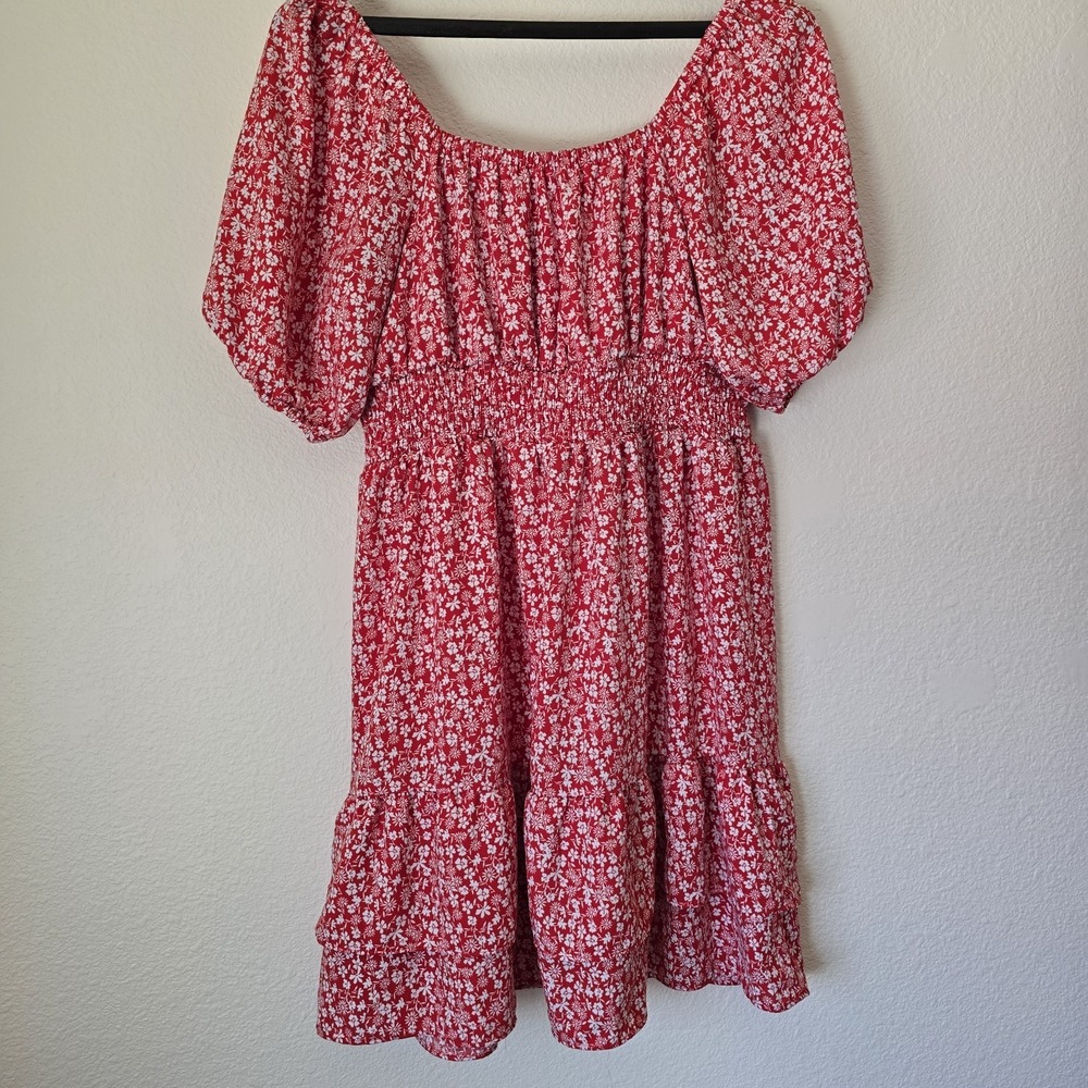 Lauren Conrad Women Sz S Peasant Mini Dress Ditsy Floral Tier Red Boho Tie Front - Picture 6 of 11